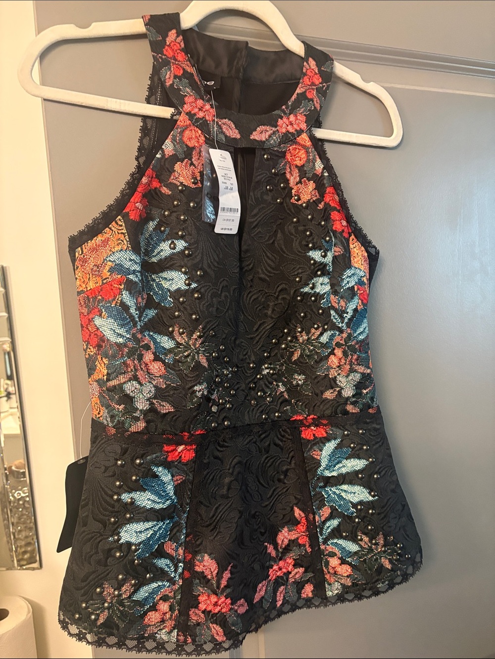 bebe Black Floral Embroidered Halter Peplum Top